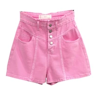summer women new pink denim shorts fashion ladies buttons high waisted all match a line hot short pants casual pocket bottoms