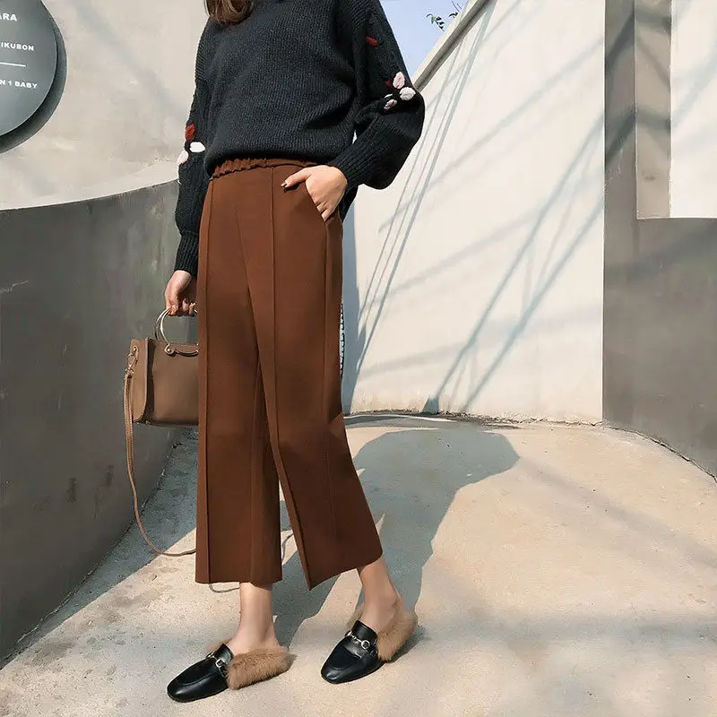 Осень-зима шерстяные прямые брюки с широкими штанинами Для женщин утепленные