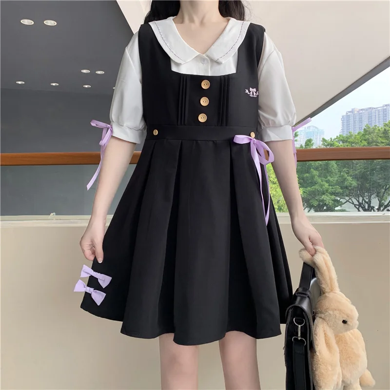 

2021 Summer Women Clothing Set Doll Collar White Shirt Kawaii Bow Sling Dress Japanese Sweet Cute College Style Two-Piece Suit
