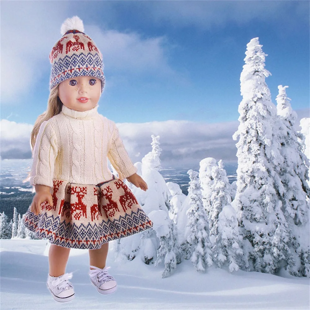 Легко большой кукла для девочек комплекты зимней одежды свитер + юбка шапка 18