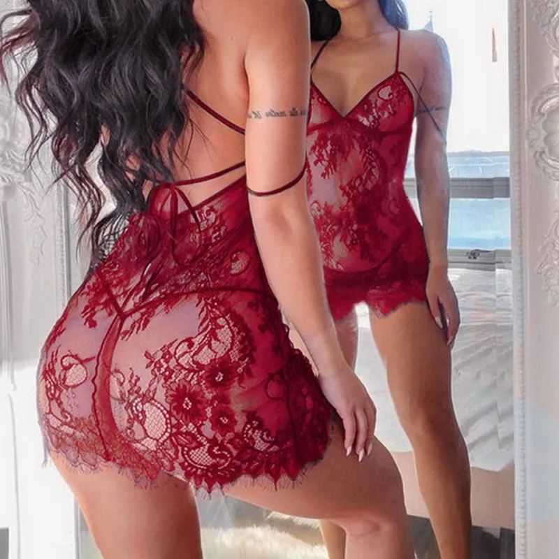 

Lingerie Set Sexy One-piece 2021 Nightwear Woman's Sexy Lingerie Set Including V-neck Halter Lace One-piece Dress and Thong