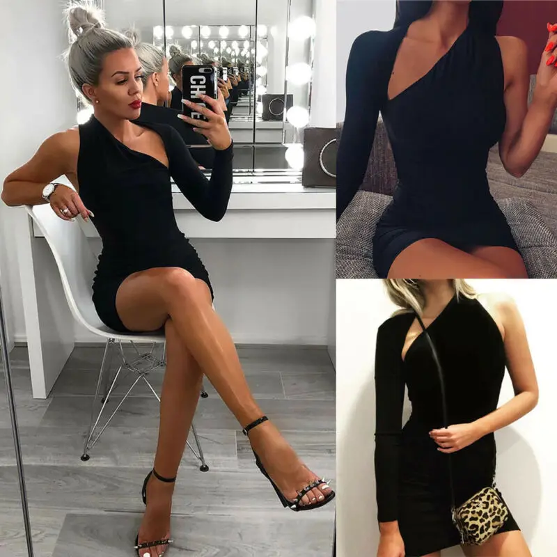 Модная женская одежда на одно плечо для стройных обтягивающее короткое платье