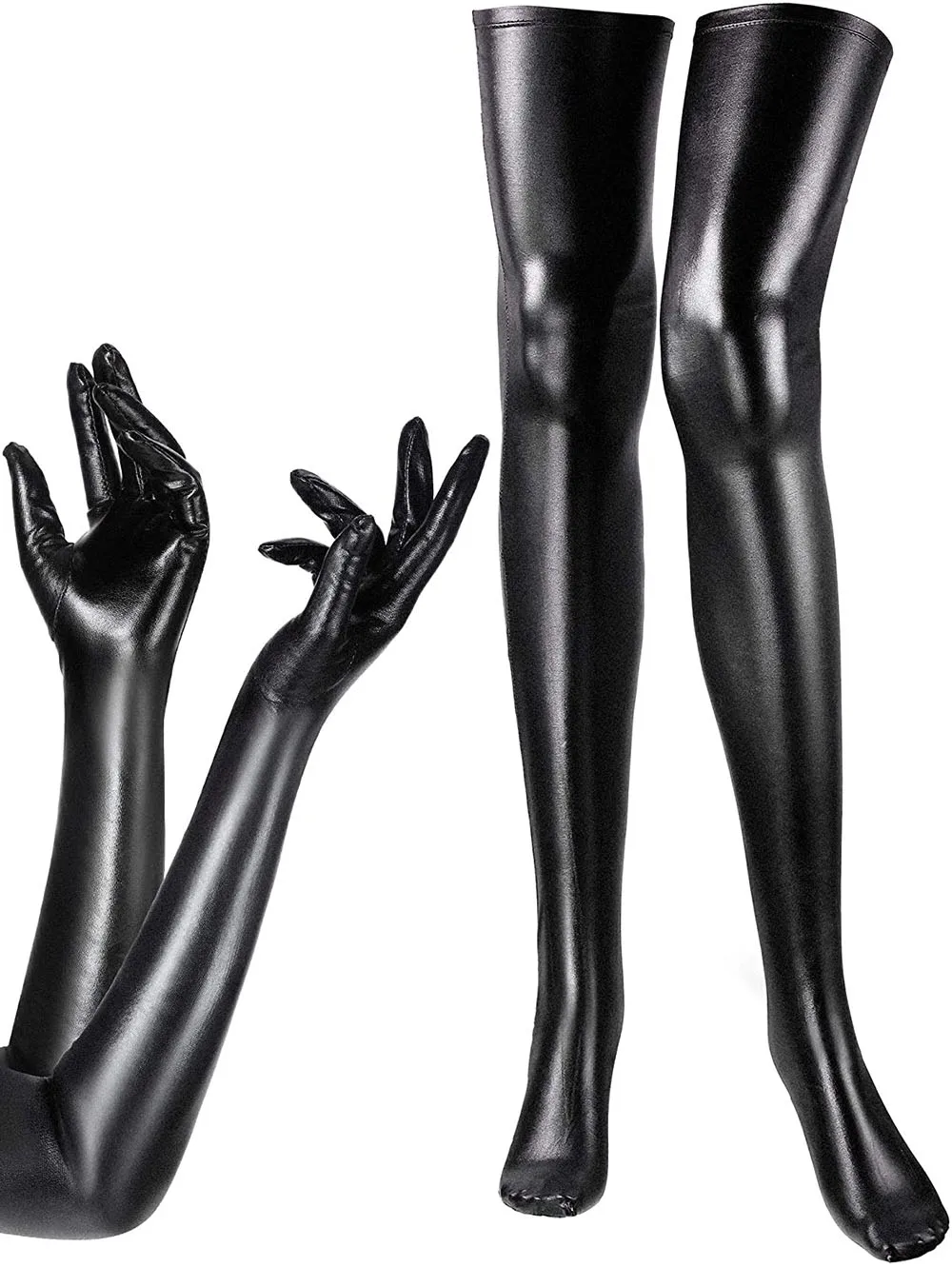 

Women's Costume Set Elastic Spandex Shiny Wet Long Gloves and Wet Look Thigh High Stockings