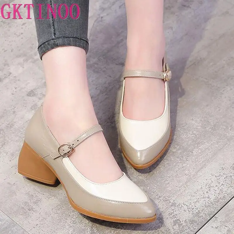 

2020 Fashion Spring Thick Heels Women Pumps Genuine Leather Women's Shoes Woman High Heels Casual Women Shoes Plus Size Q6960