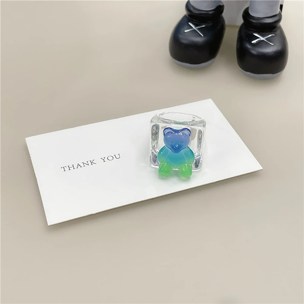 

Korean Retro Two-Color Bear Ring Charm Macaron Color Candy Bear Cartoon Transparent Resin Ring Jewelry Gift
