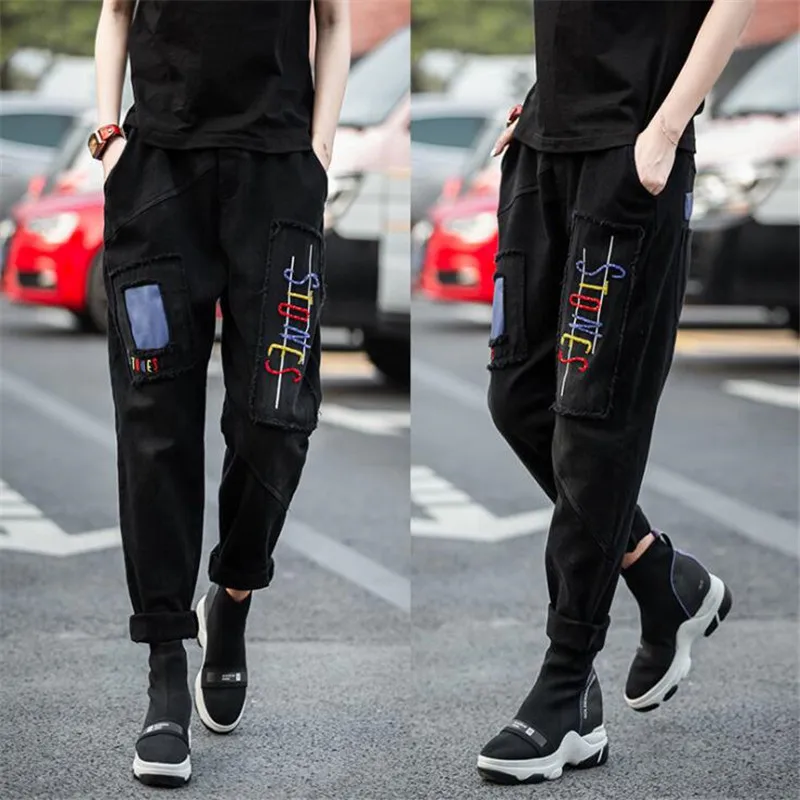 Высокое качество плюс бархат теплые джинсовые шаровары письмо вышитые