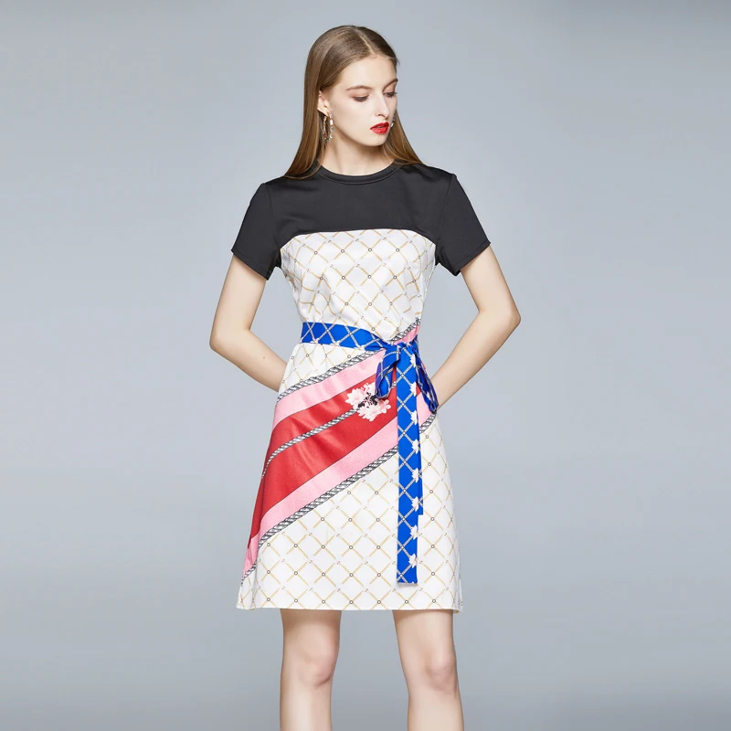 

LUKAXSIKAX 2020 New Summer Women Dress High Quality Runway Simple Retro Print Elegant Slim Mini Dress Vintage Dress