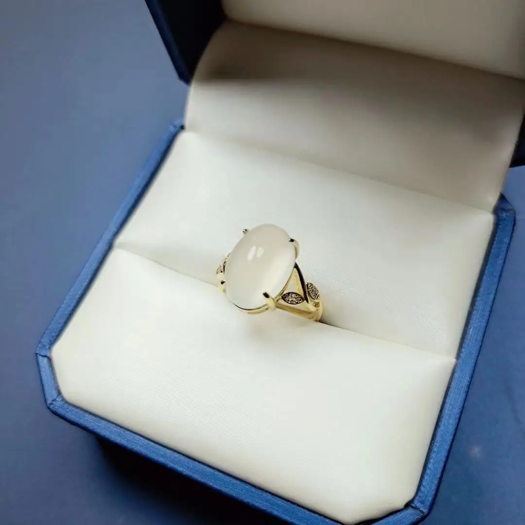 

Natural ice white chalcedony inlaid ring