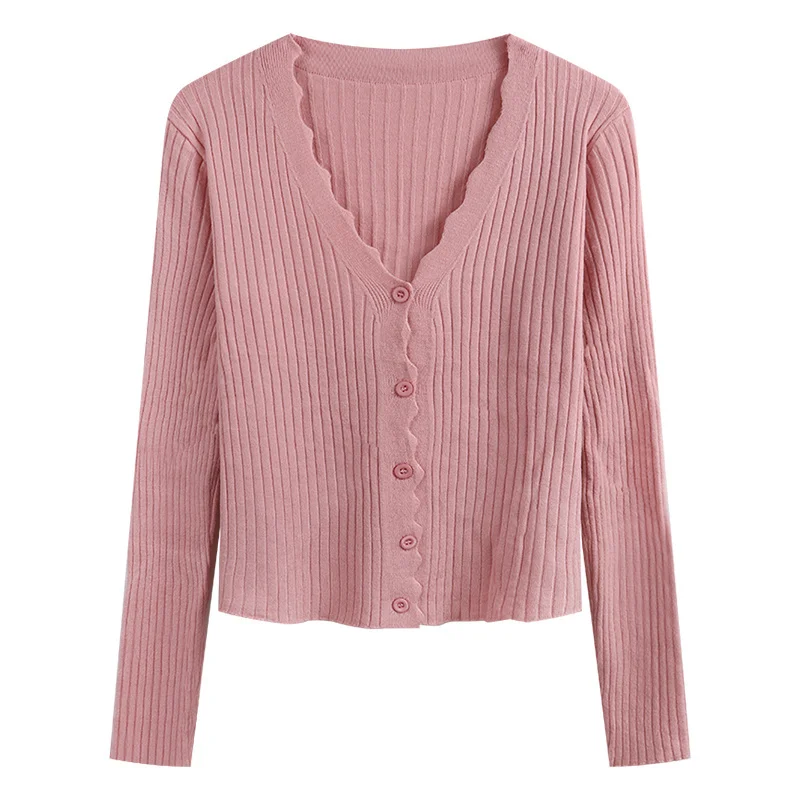 Early autumn Korean top new design sense short women's knitted cardigan lazy style V-Neck long sleeve sweater coat |