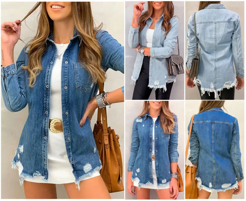 

Women Ladies Denim Jackets Coats Oversize Casual Jackets Ripped Hole Tassels Coat Women Plus Size Jacket Streetwear S-XL