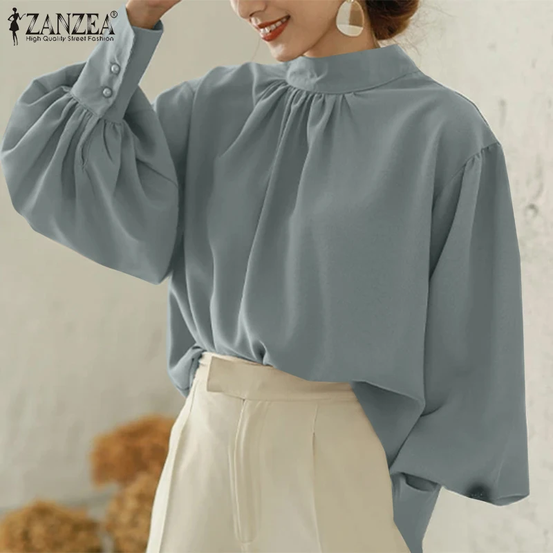 

Oversized Stylish Long Puff Sleeve Clothing Women Elegant Office Work Shirt ZANZEA Vintage O Neck OL Chemise Female Tunic Tops