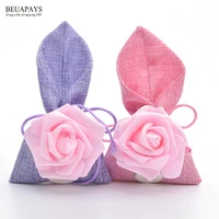 50pcs rose candy bag gift linen simulation flower storage bag wedding decoration christmas baby shower party favors accessories