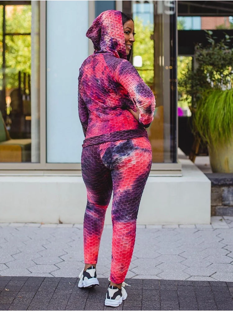 

Tie Dye Print Geometric Pattern Hooded Long Sleeves Zipper Hoodie & Pants Women Suit Casual Style Two Piece Set