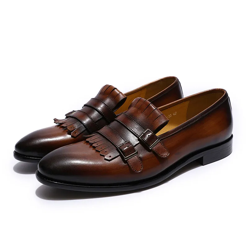 

Breathable European Style Mens Loafers Genuine Leather Double Buckle Monk Strap Shoes Wedding Party Banquet Slip On Men Footwear