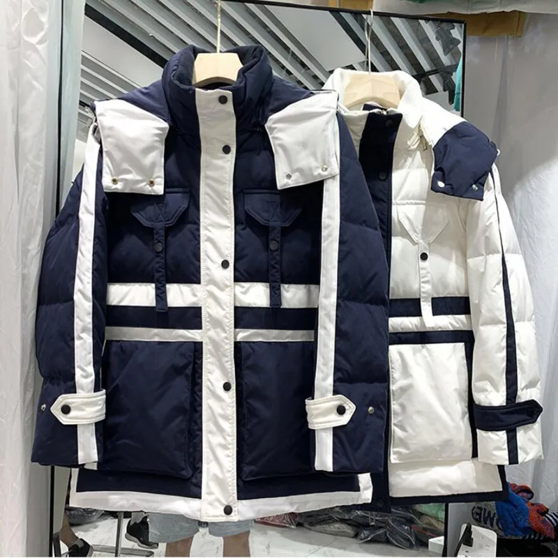 

New Winter White Duck Down Women Color Matching Tooling Jacket Warm Hooded Fashion High-Quality Women's Down Coat s1808