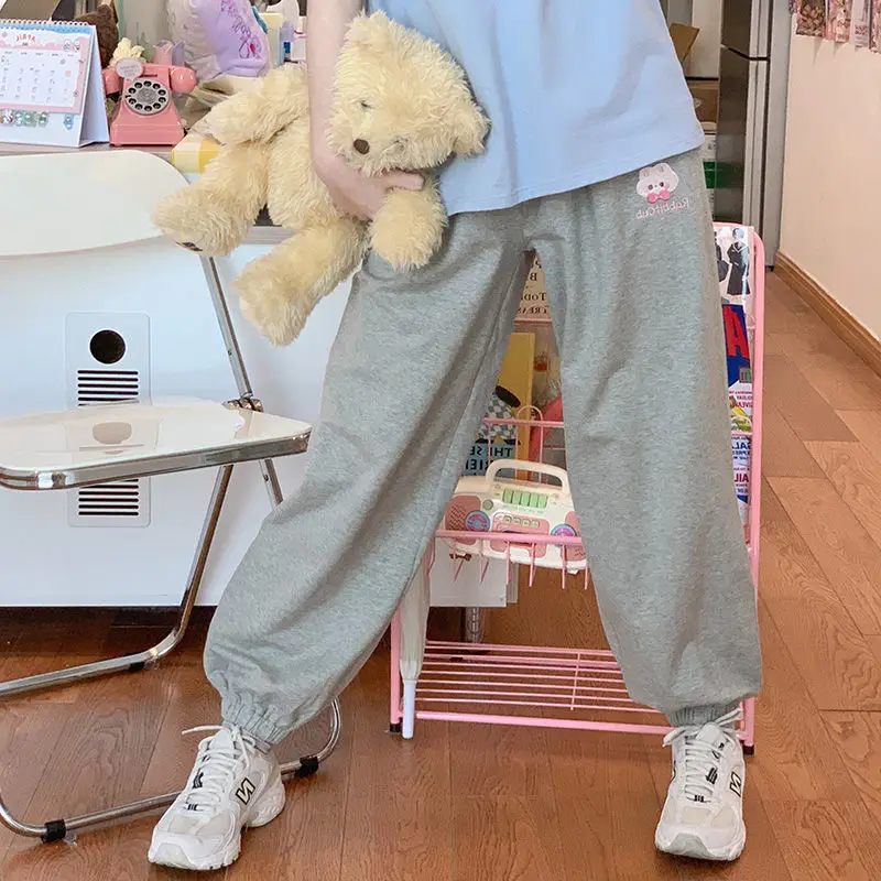 

Kawaii Pants Women Fashion 2021 Embroidery Trousers Women Pink Japanese Summer Loose Casual Cute High Waist Trousers