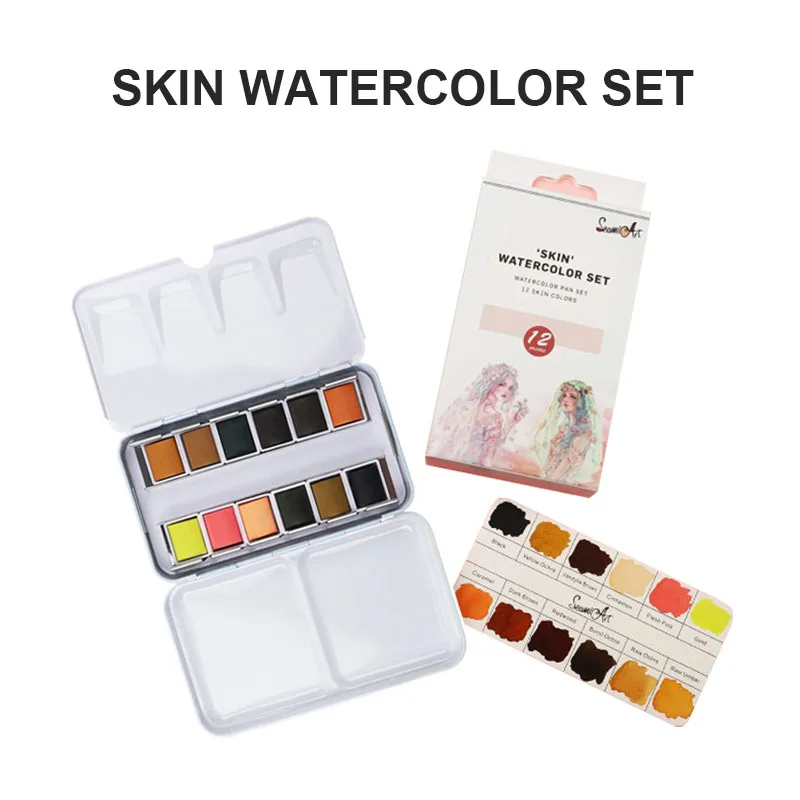 

Watercolors Paint Set of 12 Assorted Skin Watercolor Pans in Portable Tin Box for Artists Art Watercolor Painting