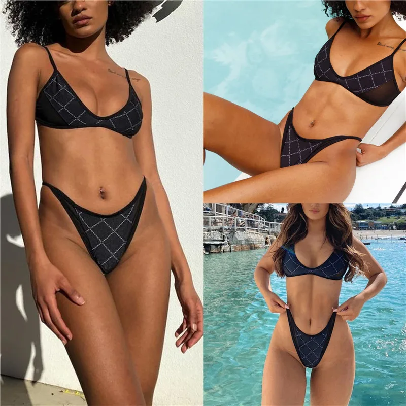 Женский пикантный комплект бикини в клетку с принтом топы без рукавов на
