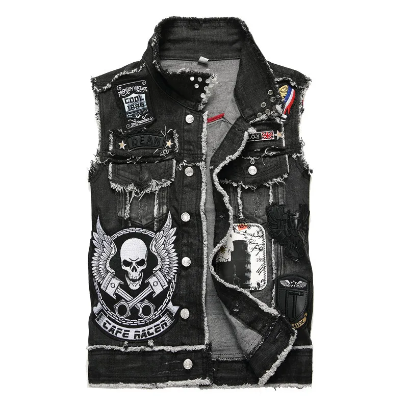 2020 New Men's Punk Denim Vests Sleeveless Vintage Jeans Vest Jackets Black Skull Embroidery Waistcoat Ripped Cowboy Streetwear | Мужская