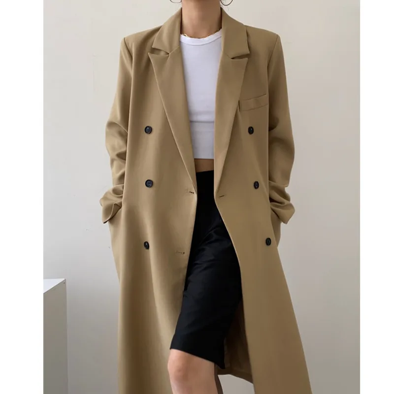 

2021 Autumn Women Houndstooth Women Long Blazers Double Breasted Straight Shoulder Pads Blazer Suit Coat Windbreaker