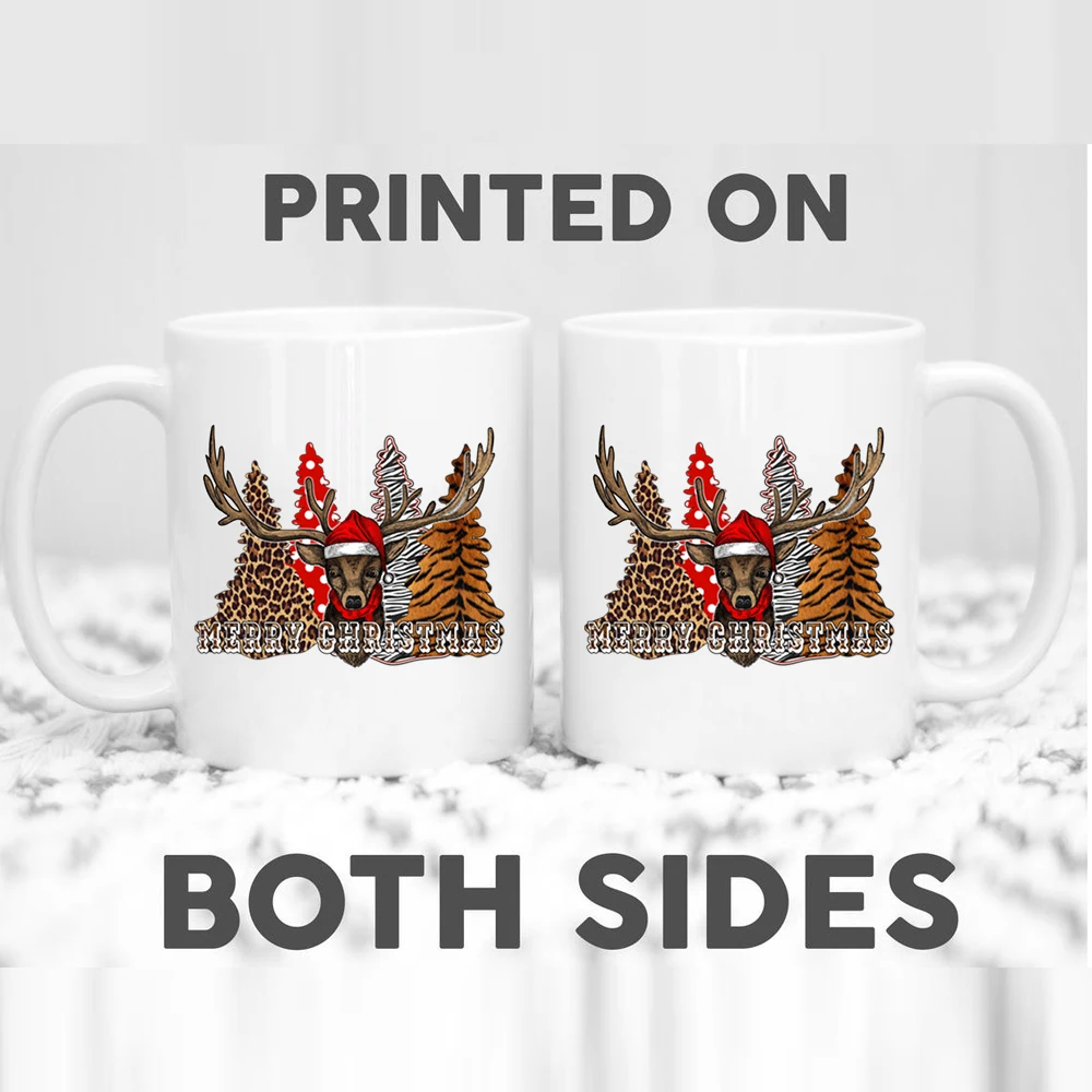 Керамическая чашка для воды на Новый год с принтом Санты и ёлки.