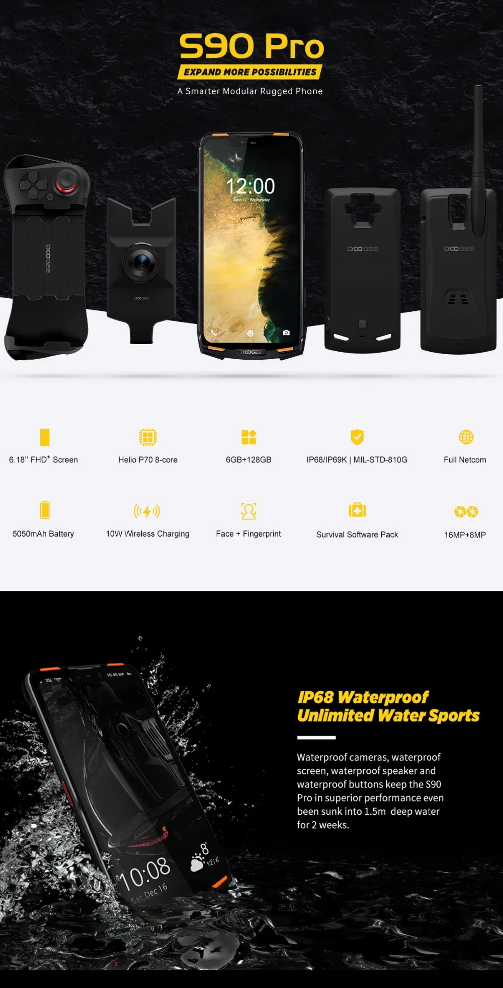 DOOGEE S90 pro 6GB 128GB мобильный телефон IP69K водонепроницаемый PTT SOS 5050mAh 6,18 ''MT6771 Восьмиядерный 16MP NFC 4G смартфон