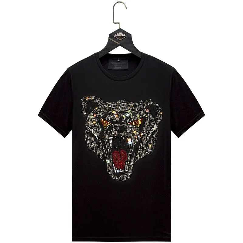 

Black TShirts White Male Shirt Male Streetwear Thin Slim Men Short Sleeve Shirt Diamonds Rhinestone Bear Head Plus Size 6XL