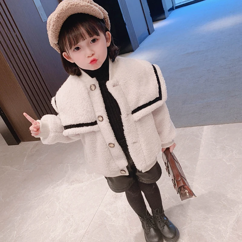 

Fashion Autumn Girl Clothing Girl Coat With Fur Fur Navy Collar Padded Jacket Outerwear For Children
