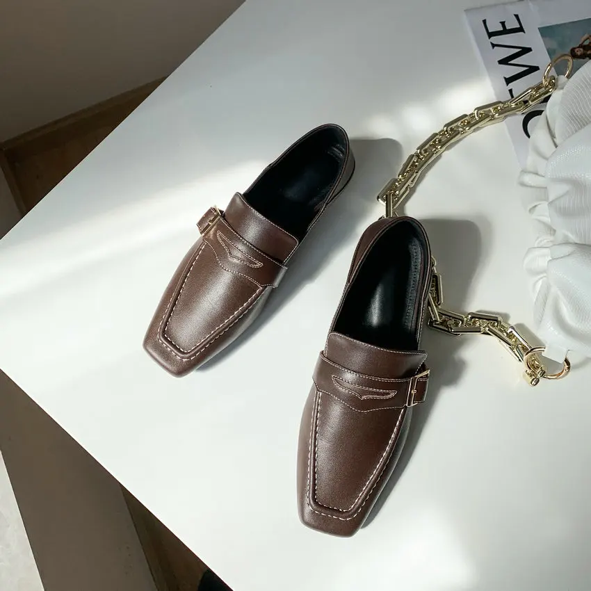 

QUTAA 2021 Square Toe Basic Casual Slip On Ladies Flats Shoes Sewing Cow Leather Buckle Spring Autumn Women Shoes Size 34-39
