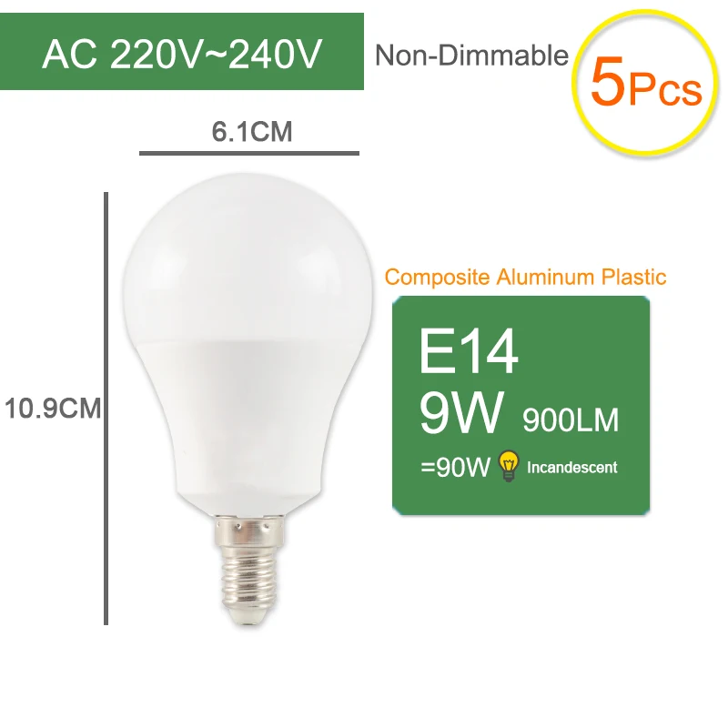 Kaguyahime 1 шт./5 шт E14 E27 9W Dimmable высокой яркости E27 светодиодный светильник 220V светодиодный лампы светодиодный светильник лампады Lamparas Bombillas ампулы 6 Вт - Emitting Color: E14 9W 5pcs