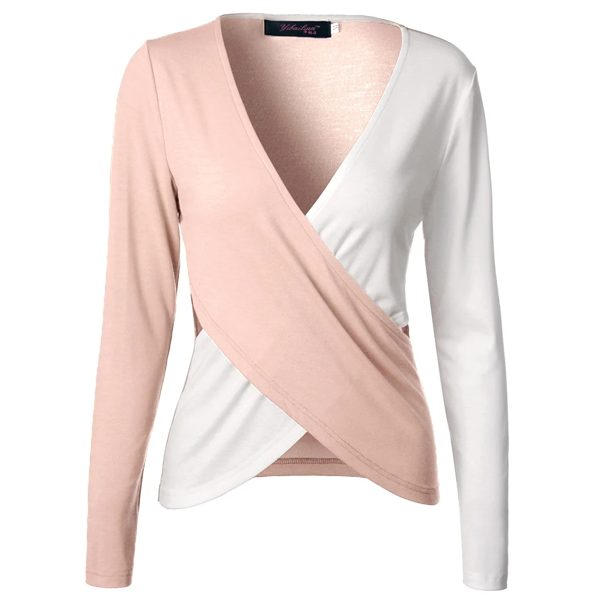 

Spring 2021 women's V-neck color matching slim top European and American hope solid color long-sleeved cotton T-shirt
