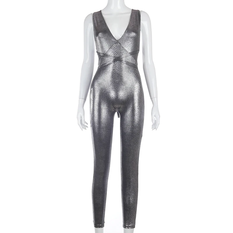 

Overalls For Women 2020 Summer New Streetwear Sexy Bandage Halter Serpentine Pattern Pu Texture Of Material Jumpsuit Party Dress