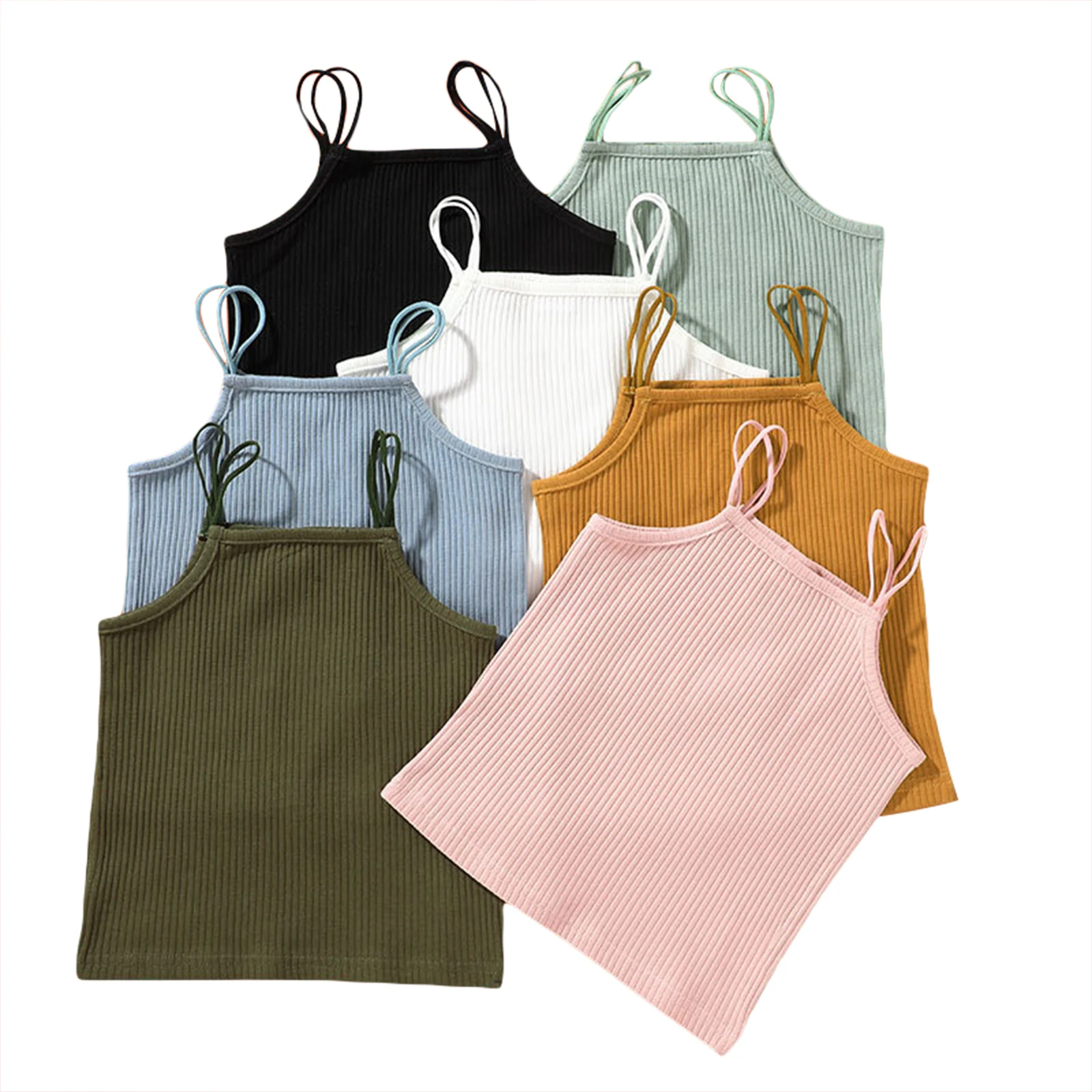 

Summer Girls Vest Children's Solid Color Ribbed Sling Tops Tight Sleeveless T Shirt Camisole for Kids 1-6Years