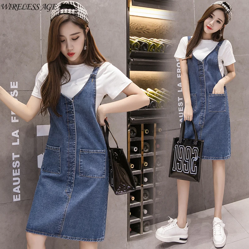 

WIRELESS AGE Denim Suspender Skirt Large Size Sexy High Waist Mid Length Skirt 2021 Chic New Fashion Daily Temperament Wild