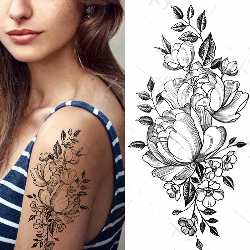 

Sketch Flower Tattoo Stickers Black and White Rose Full Body Fake Sexy Girl Art Deco Temporary s