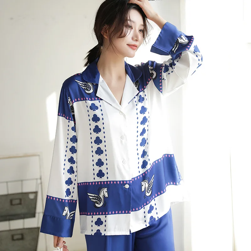 

FZSLCYIYI Summer Printed Satin Long Sleeve Shirt Pants Pajama Set Sleepwear Bride Bridesmaid Nightwear Homewear