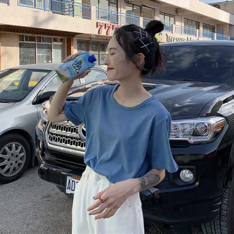 Дымка синяя футболка с короткими рукавами женская летняя обувь свободные