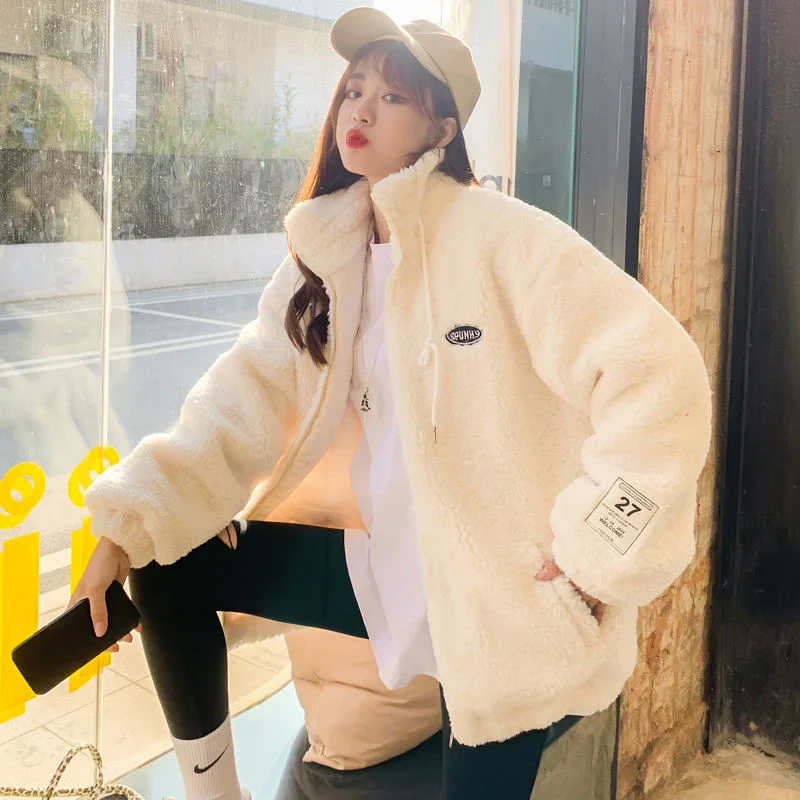 

2021 Winter Thicken Warm Lamb Wool Coat Zipper Stand Neck Women's Winter Oversized Fleece Outerwear Female Jackets Outwear