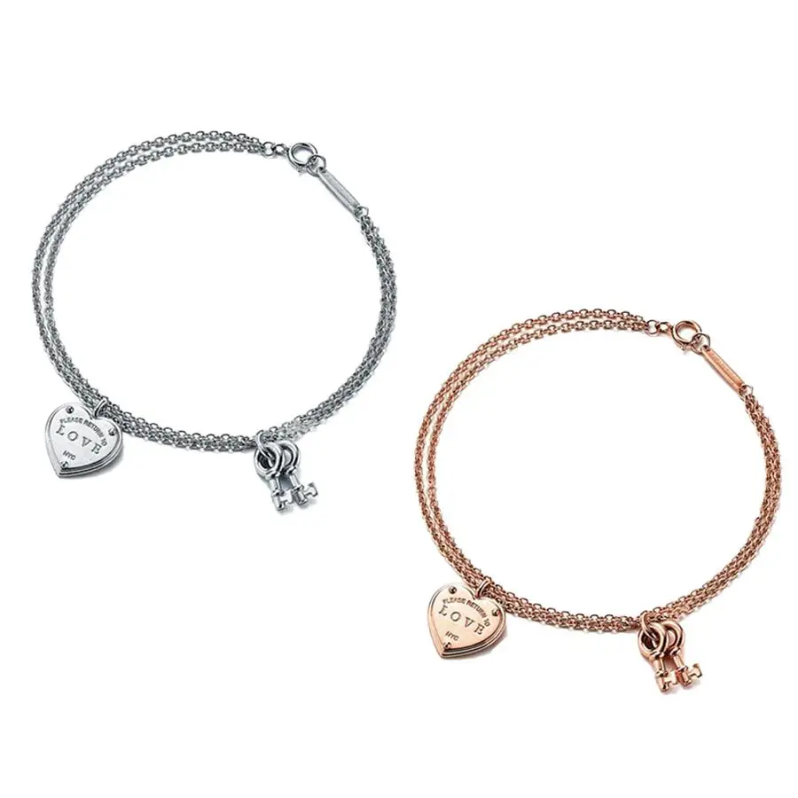 

S925 sterling silver heart-shaped double key bracelet, classic fashion, high-quality jewelry, original 1:1, birthday gift