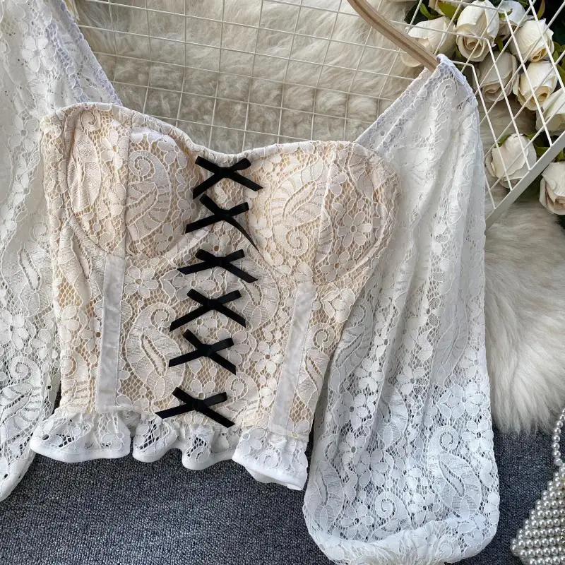 

Puff Sleeve Lace Shirt For Women Slim Bustier Female Leotard Corset Bowknot Lady's Cropped Tops Wear