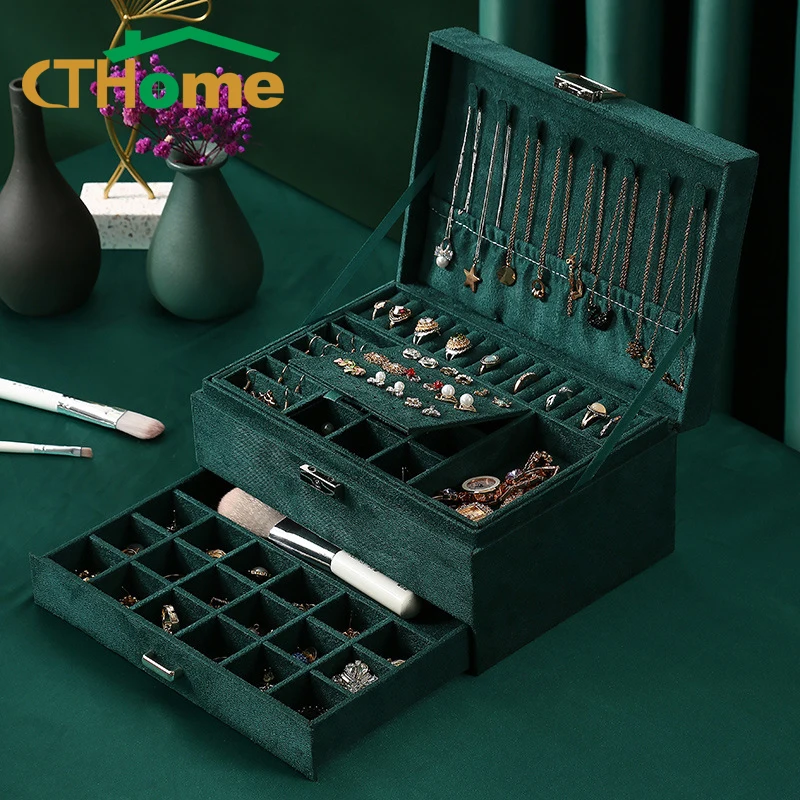 

CTHome New 3-layers Green Stud with Lock for Women Jewelry Organizer Large Ring Necklace Makeup Holder Cases Velvet Jewelry Box
