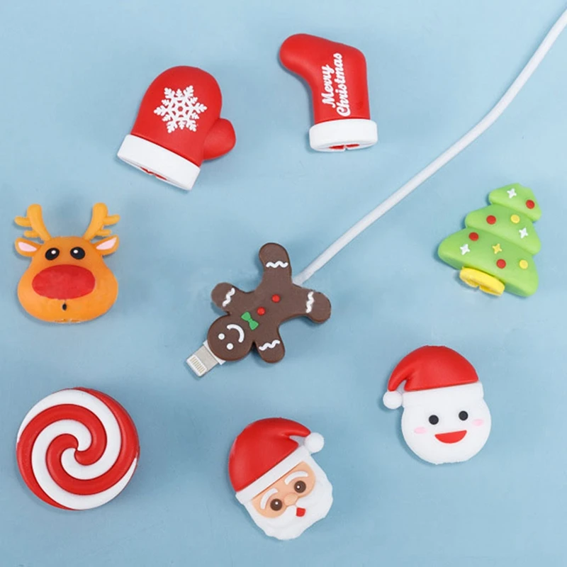 

10pcs Cute Bite Christmas Series Series Cable-Winder USB Data Line Protector Cord Cover Silicone Decorate Smartphone Accessories