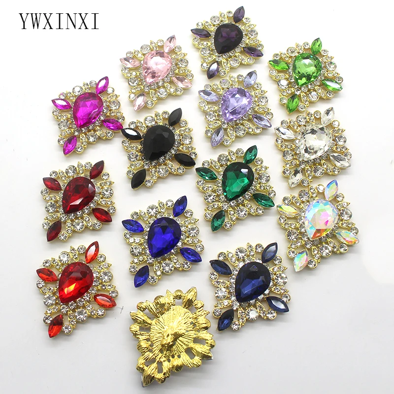 

YWXINXI Fashion Selling Golden 2Pcs/Lot Flatback Brooches 43*37mm Alloy Accessories Diy jewelry Rhinestones Decoration