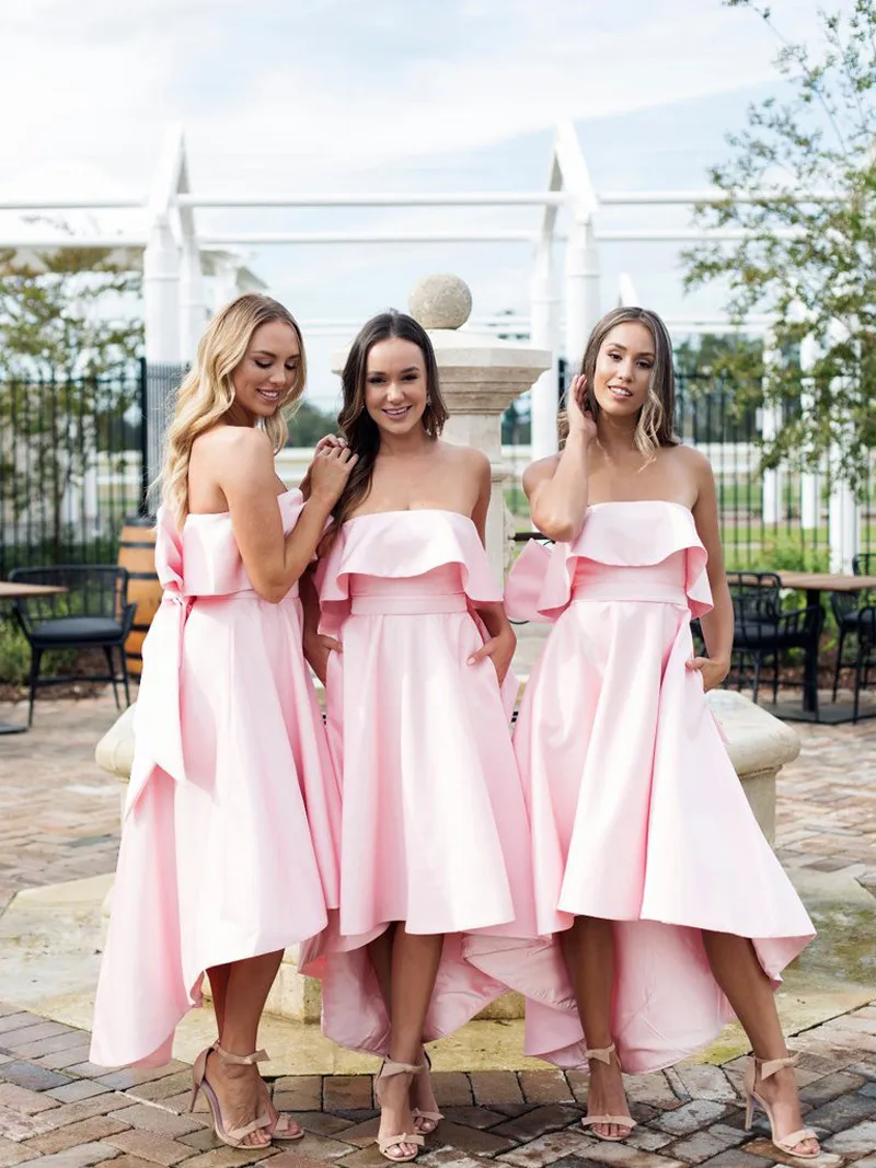 

Strapless High Low Bridesmaid Party Gowns Hi-Lo Honor Of Maid Custom Made With Bow Back Spring Bridesmaids Prom Gowns Junior