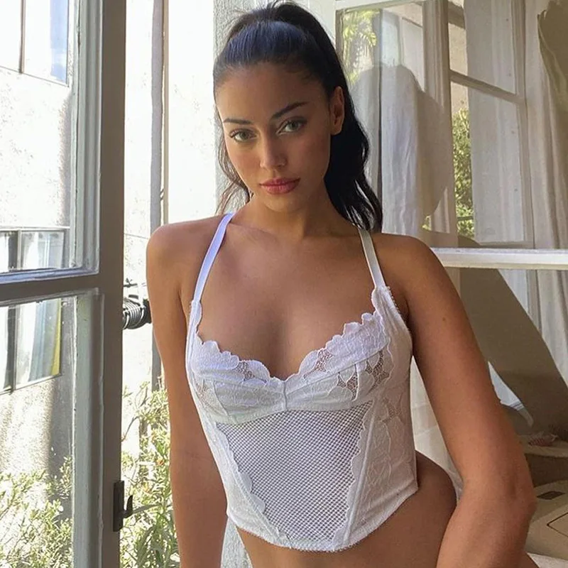 

2021 New Sexy White Summer Camisole Splice V-neck Crop Top Fashion Casual Slim See Through All-match Sleeveless Short Tops Women