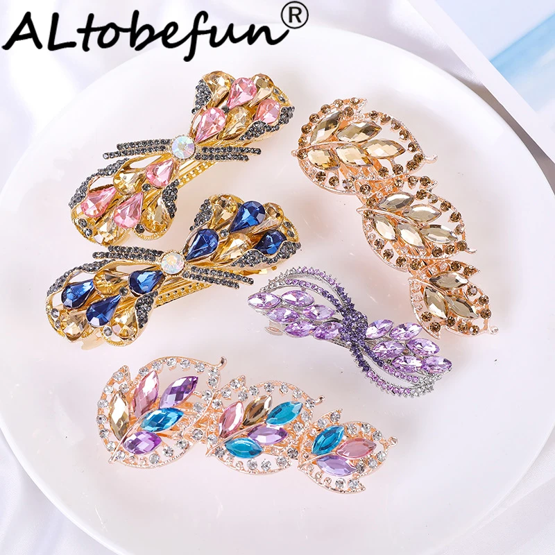 

ALTOBEFUN Crystal Leaf Hairpin Ladies Hairwear Jewelry Women Fashion Rhinestone Alloy Barrettes For Girls Party Hair Clips AE030