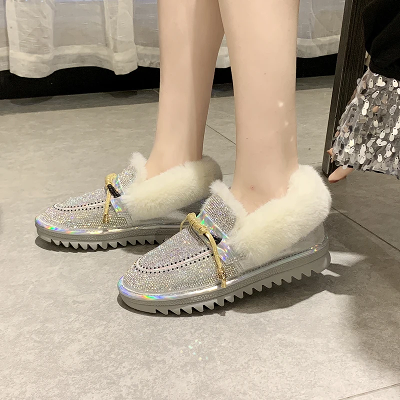 Lucyever/модные женские зимние ботинки с кристаллами женская зимняя обувь хлопковой