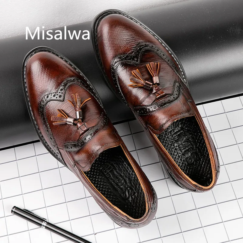 Туфли Misalwa мужские классические броги винтажные коричневые лоферы с бахромой для