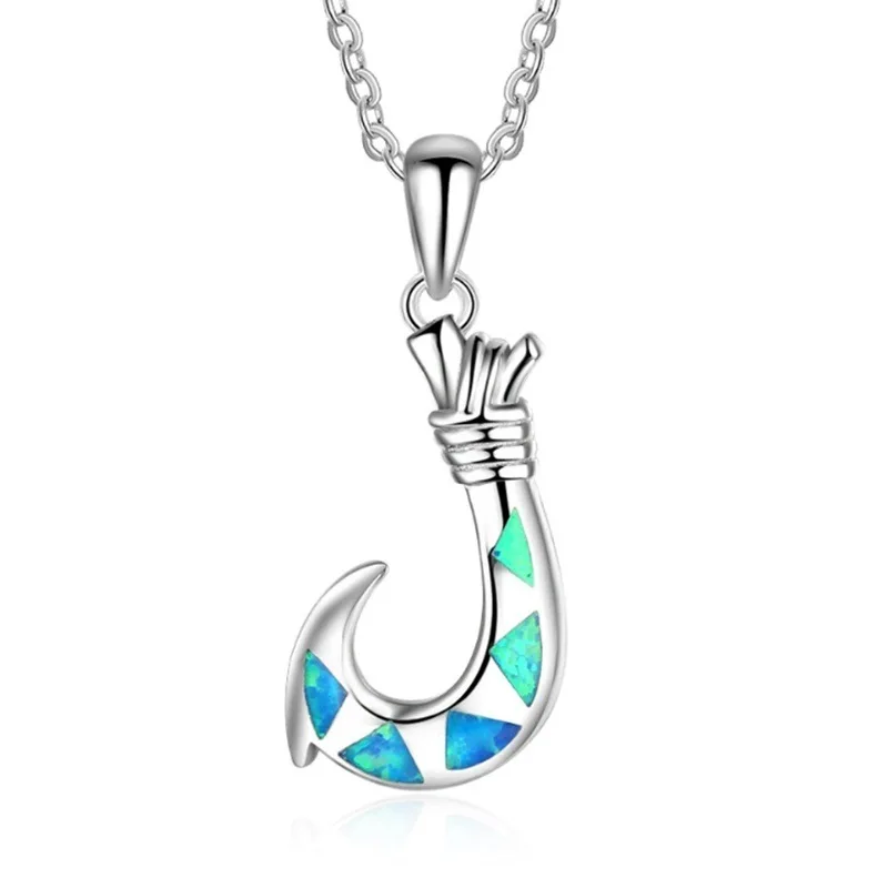 Vintage Caribbean Pirate Anchor Pendant Necklace personality Blue Imitation Opal Hook Necklace women boho Jewelry Gift