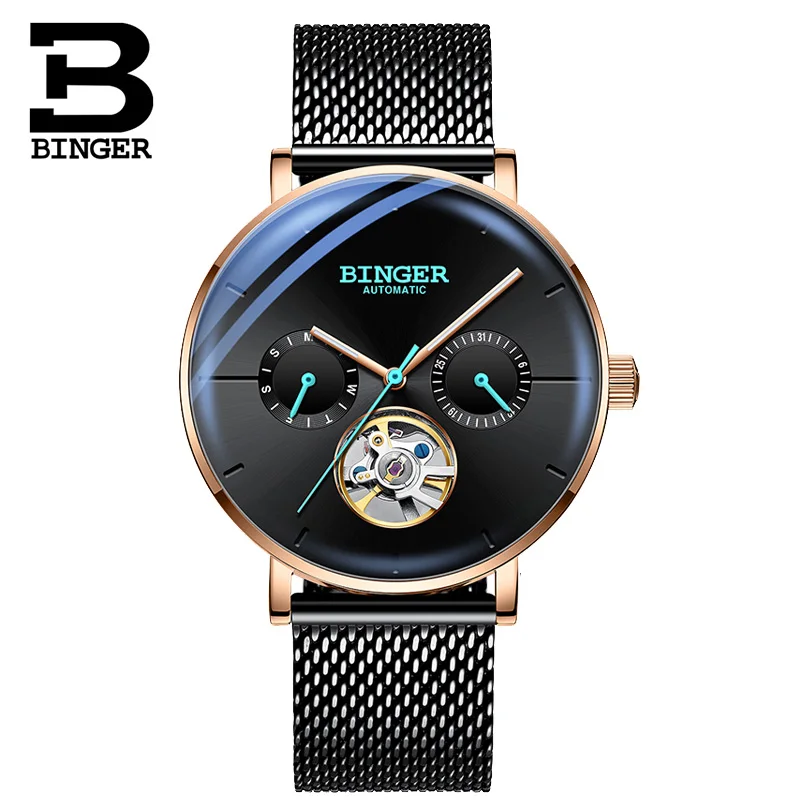 Rose Black Switzerland BINGER 8 мм ультратонкие автоматические механические часы мужские брендовые Роскошные мужские часы сапфировые наручные часы мужские водонепроницаемые - Цвет: Rose Black